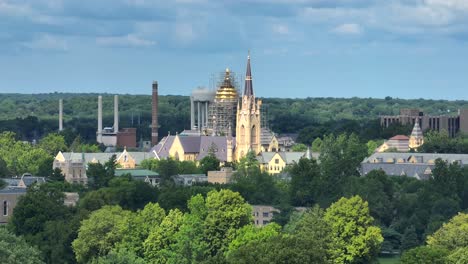 Basilica-of-the-Sacred-Heart-steeple,-Washington-Hall,-and-Undergraduate-Admissions-main-building-at-University-of-Notre-Dame