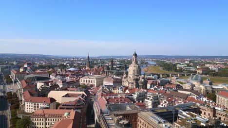 Nice-aerial-top-view-flight-river-elbe-Dresden-city-Women-church-Frauenkirche-City-town-Germany,-summer-sunny-blue-sky-day-23