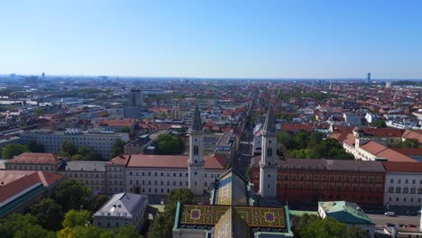 Unbelievable-aerial-top-view-flight-Church-St-Ludwig-City-town-Munich-Germany-Bavarian,-summer-sunny-blue-sky-day-23