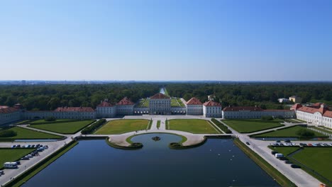 Spectacular-aerial-top-view-flight-Castle-Nymphenburg-Palace-landscape-City-town-Munich-Germany-Bavarian,-summer-sunny-blue-sky-day-23