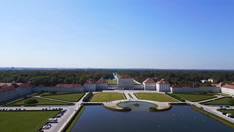 Breathtaking-aerial-top-view-flight-Castle-Nymphenburg-Palace-landscape-City-town-Munich-Germany-Bavarian,-summer-sunny-blue-sky-day-23