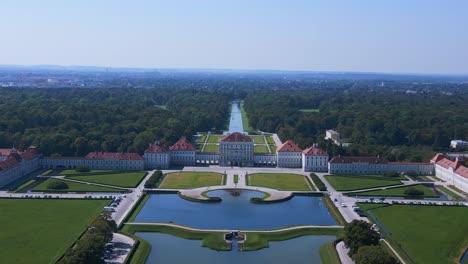 Nice-aerial-top-view-flight-Castle-Nymphenburg-Palace-landscape-City-town-Munich-Germany-Bavarian,-summer-sunny-blue-sky-day-23