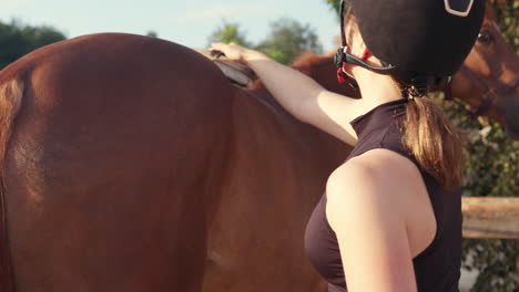 Junge-Frau-Und-Ihr-Pferd-Während-Einer-Pflege--Und-Reinigungsroutine,-Seitenansicht