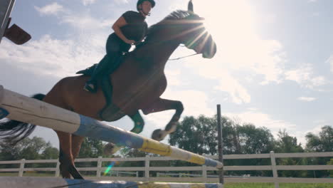 Horse,-ridden-by-a-female-rider,-jumping-over-hurdles,-low-angle-shot