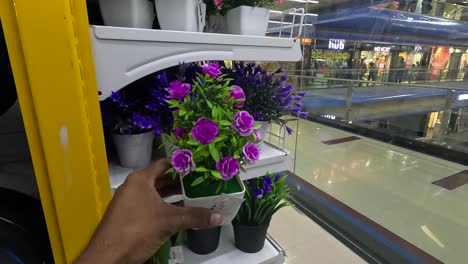 POV-shot,-customer-buying-decorative-and-beautiful-flower-ports-from-shopping-mall