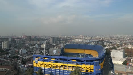 Iconic-La-Bombonera-from-above,-neighborhood-of-La-Boca,-Buenos-Aires,-Argentina