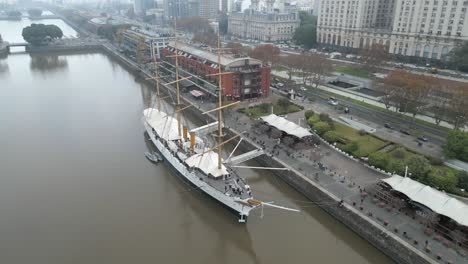 A-view-from-the-air-of-Puerto-Madero,-Buenos-Aires,-with-the-Frigate-Presidente-Sarmiento-visible