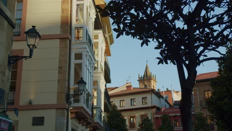 Eine-Möwe-Fliegt-Zwischen-Den-Alten-Gebäuden-Von-Oviedo,-Spanien---Zeitlupe