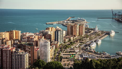 Overlooking-the-Port-of-Malaga,-Spain-daytime-time-lapse