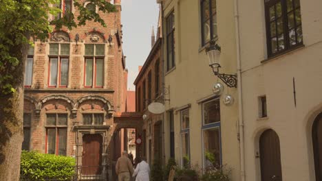 Pareja-De-Ancianos-Caminando-Por-Arquitecturas-De-Ladrillo-En-El-Histórico-Pueblo-De-Brujas,-Bélgica