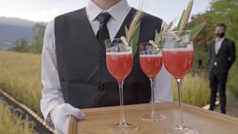 Bartender-Serving-Cocktails-on-Tray-at-Cocktail-Party