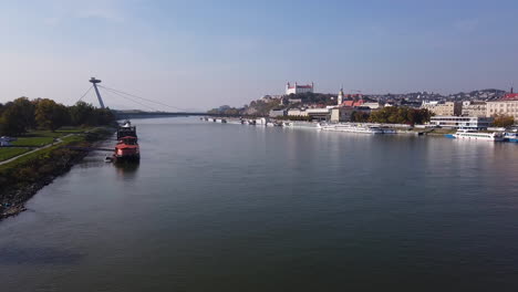 Danube-River-and-Cityscape-Skyline-of-Bratislava,-Slovakia-on-Sunny-Day,-Wide-View