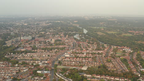 Circling-aerial-shot-over-Twickenham-looking-towards-city-centre