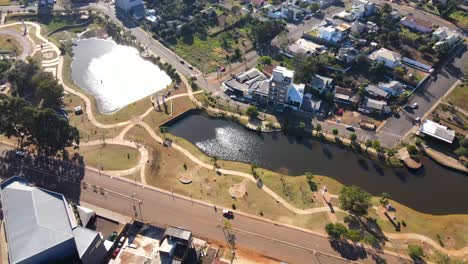 Aerial-view-captures-the-vibrant-border-plaza-connecting-Bernardo-de-Irigoyen,-Argentina,-and-Dionísio-Cerqueira,-Brazil