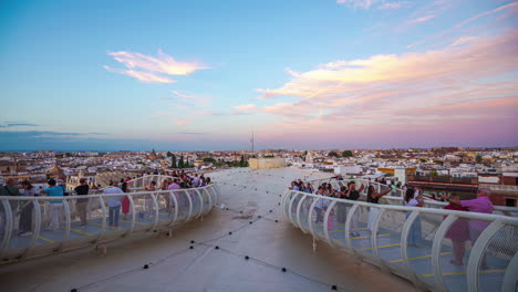 The-Setas-de-Sevilla,-Spain-walkway-at-sunset---time-lapse