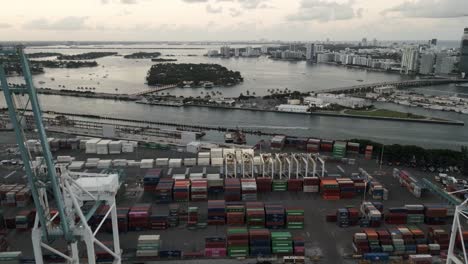 Drone-port-crane-container-cargo-import-oversea-aerial-skyline-south-beach-downtown