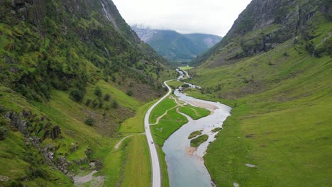 Green-Valley-Stardalselva-in-Vestland,-Norway---Aerial