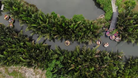 Draufsicht-Auf-Die-Kokosnuss-Bootstour-Von-Hoi-An-In-Vietnam-Am-Fluss-Thu-Bon,-Luftaufnahme
