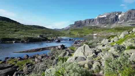 Mountain-Lake-and-Scenic-Landscape-in-Norway,-Vestland,-Vestfold-og-Telemark---Pan-Right