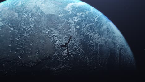 Satélite-Volando-Hacia-La-Tierra,-Velocidad,-Espacio-Profundo,-En-órbita,-Redner-3d-Realista,-Iluminación-Cinematográfica