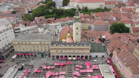 Dolac-Market,-Zagreb:-Aerial-of-vibrant-market-with-iconic-clock-tower