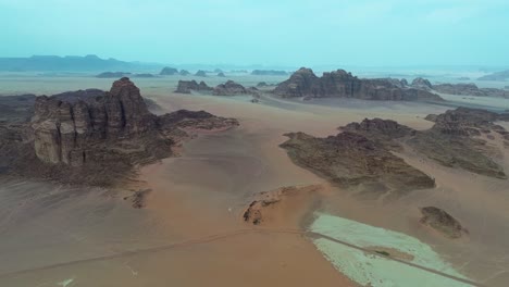 Panoramic-View-Over-Wadi-Rum-Red-Sand-Desert-In-Jordan---drone-shot