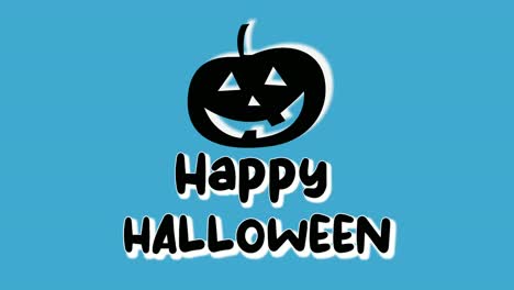 Fröhliches-Halloween-Mit-Schwarzem-Kürbis,-Bösem-Symbol,-Animationskarikatur-Auf-Blauem-Hintergrund
