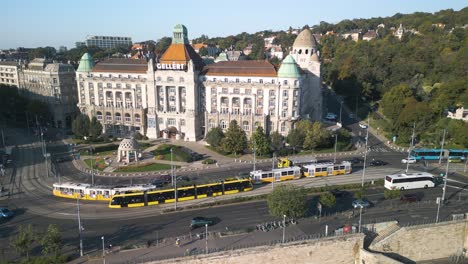 Fixed-Aerial-View-of-Traffic-in-Front-of-Hotel-Gellert