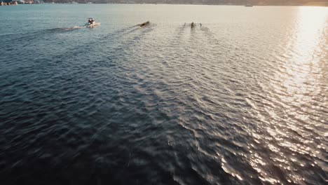 Cinematic-drone-flight-following-rowers-on-Lake-Union-during-golden-sunset-in-Seattle-City,-Washington