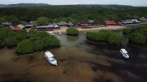 Fly-over-mangrove-village-bay,-Nusa-Ceningan-Bali
