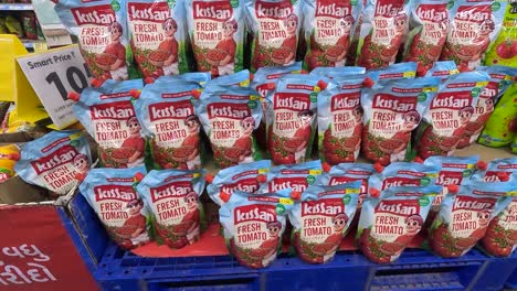 POV-shoot,-woman-buying-Kisan-brand-fresh-tomato-ketchup-from-super-market
