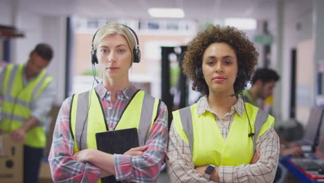 Portrait-Of-Two-Female-Workers-Wearing-Headsets-In-Distribution-Warehouse-Using-Digital-Tablet