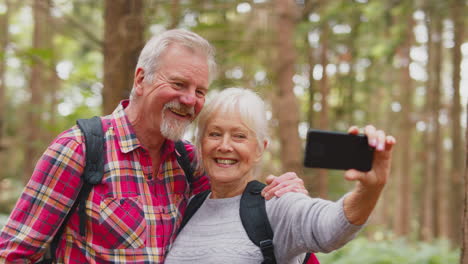 Pareja-De-Ancianos-Jubilados-Posando-Para-Selfie-En-Un-Teléfono-Móvil-Caminando-En-El-Campo-Boscoso