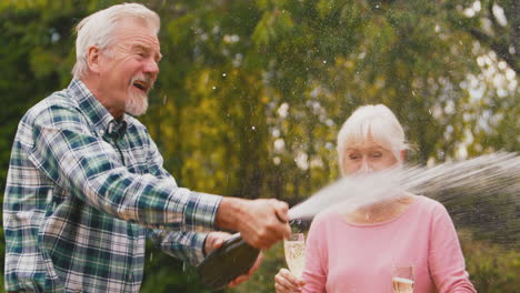 Seniorenpaar-Im-Ruhestand-Feiert-Gute-Nachrichten-Oder-Gewinnt,-öffnet-Und-Sprüht-Champagner-Im-Garten