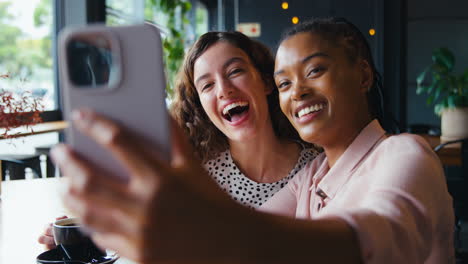 Two-Young-Female-Friends-Meeting-In-Coffee-Shop-And-Posing-For-Selfie