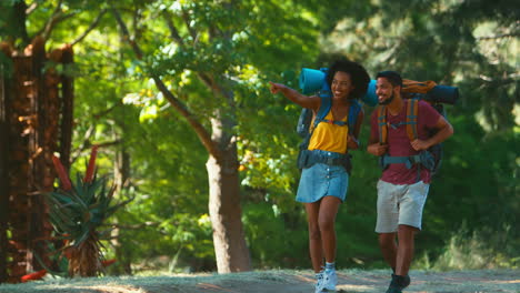 Couple-With-Backpacks-Giving-Each-Other-High-Five-On-Vacation-Hiking-Through-Countryside-Together