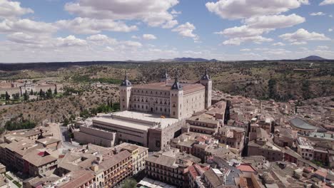 Aerial-view-of-stone-fortification-Alcazar-of-Toledo,-fortress-in-Toledo,-Spain