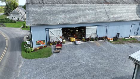 Amerikanischer-Bauernhof,-Der-Kürbisse,-Mütter-Und-Andere-Herbstdekorationen-In-Der-Scheune-Verkauft