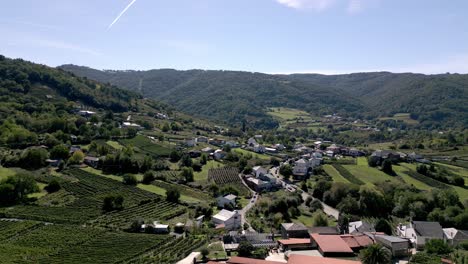Aerial-trucking-pan-and-tilt-down-along-stunning-countryside-valley-with-winery-and-farms,-Galicia-Spain
