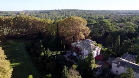 Slow-orbiting-shot-of-a-luxury-castle-in-the-French-countryside-covered-in-ivy