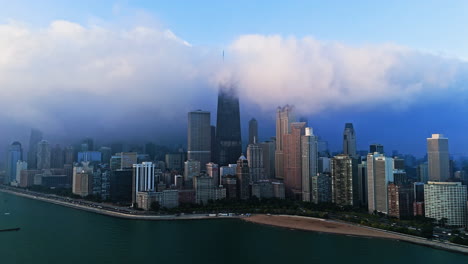 Drone-hyperlapse-of-clouds-moving-over-the-Streeterville-skyline-of-sunny-Chicago