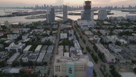 South-beach-aerial-skyline-at-sunset-with-downtown-cityscape-at-distance