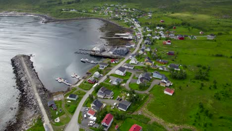 Aerial-revealing-shot-of-Mefjordvaer-during-summer,-overcast-day