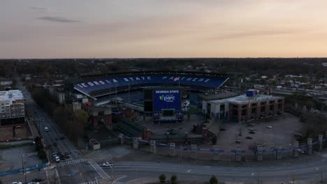 Cinematic-aerial-view-of-Iconic-Center-Parc-Stadium,-home-to-the-Georgia-State-University-Panthers-football-team