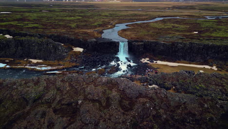 Drone-shot-of-oxarafoss-waterfall-in-iceland