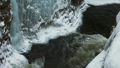 Iced-covered-gorge-cliff-and-flowing-river,-Ausable-Chasm-in-Adirondacks