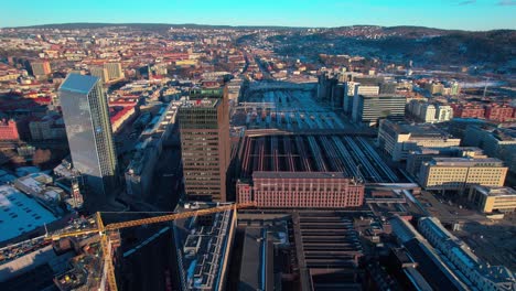 Aerial-View-of-Central-Train-Station-in-Downtown-Oslo-Norway-on-Sunny-Autumn-Day