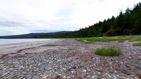 Grey-Bay-Beach-Aerial-Drone-Shot-with-Fast-Low-Angle-near-Sandpit,-BC,-Canada