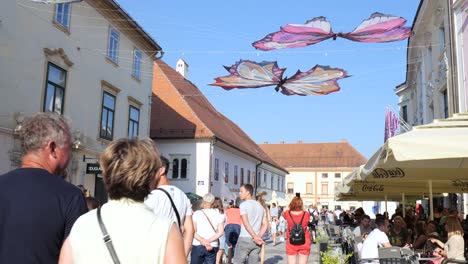 art-street-festival-Spancirfest-in-Croatia,-street-decorated-with-big-butterfly
