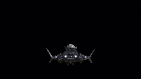Giant-spaceship-landing,-back-view,-black-background-suitable-for-overlay-with-alpha-channel-matte-blending-option,-seamless-integration-into-various-sci-fi-concepts-and-scenes